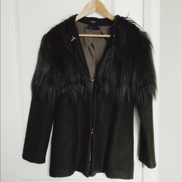 Dark olive Italian designer faux fur jacket - Picture 2 of 3
